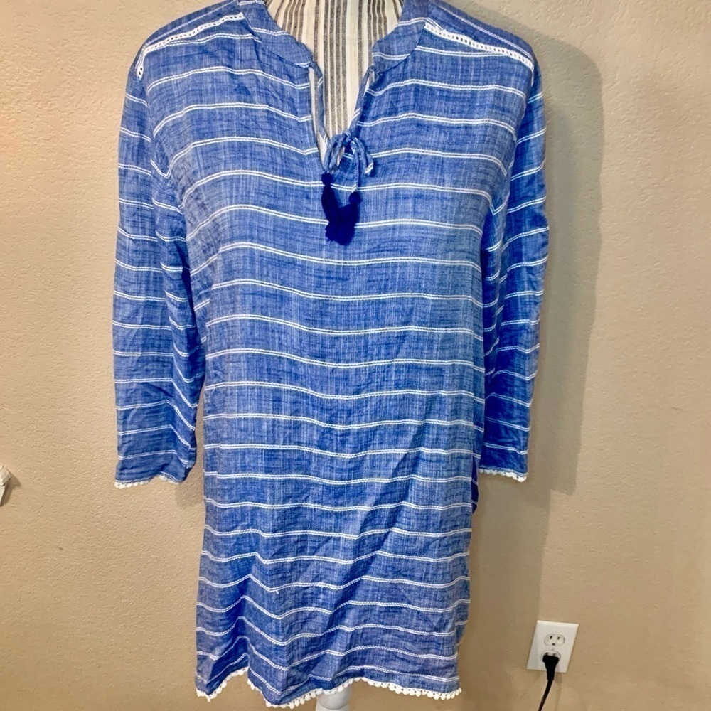 Fresh Produce Tunic Top Small/ XS Blue White Embroidered Detail Viscose Ties